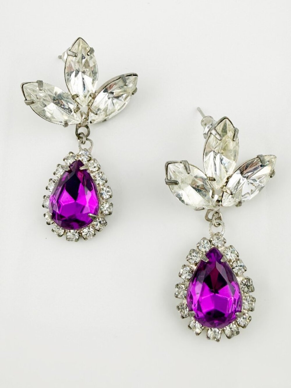Vintage Style Purple Teardrop Rhinestone Statement Earrings - Silver Tone Dangle
